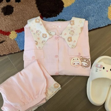 可可裡👛睡衣 ins 新款 娃娃領 輕鬆熊 睡衣女 閨蜜兩件套 夏季 薄款 姐妹款 學生 家居服