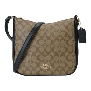 COACH-金馬車拚色防刮LOGO斜背包(卡其x黑)小