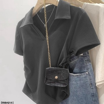 美式短袖純色內搭T恤女顯瘦修身POLO設計感小衆辣妹緊身上衣