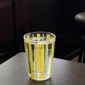 北歐風 條紋撞色玻璃水杯350ml檸檬黃