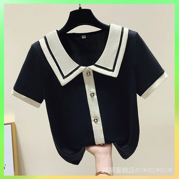 🔥臺灣出貨 寬鬆顯瘦【80-200斤】娃娃領冰絲短袖T恤女夏新款條紋假兩件上衣 限時特賣X315-2B