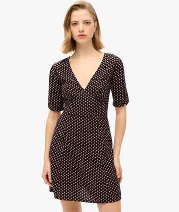 Superdry Women's Printed Short Sleeve Mini Tea Dress Black Size: 12