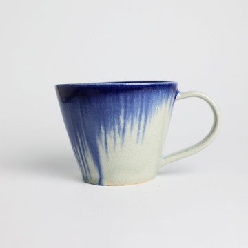 明芽窯 l 柴燒灰藍雙掛流釉把杯 白 藍 咖啡杯 馬克杯 陶杯 T