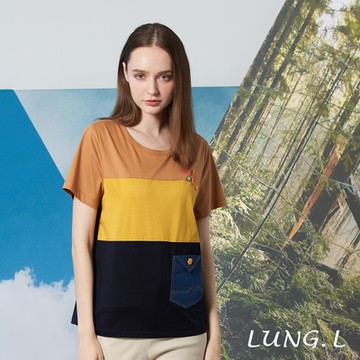 LUNG.L林佳樺 卡其色大色塊拼接短袖棉質女裝上衣LP85A