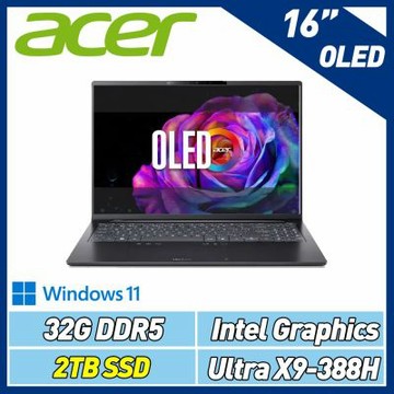 Acer 宏碁 Swift Go SFG16-I71-94JT 16吋OLED輕薄特仕筆電(Ultra X9-388H/32G/2TB SSD/Win11/黑)