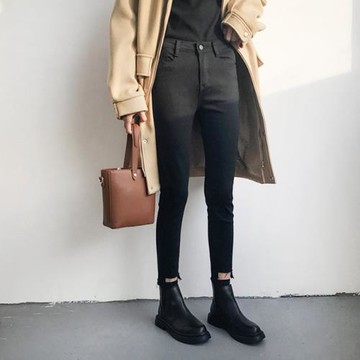 韓國ulzzang秋季不規則修身牛仔褲女學生 高腰黑色顯瘦小腳九分褲