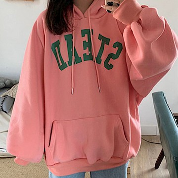 La BellezaSTEAD字母連帽抽繩內裡加絨加厚燈籠袖厚刷毛帽T