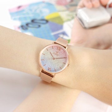 MIRRO 米羅 / 6115KL-RRR / 漸層星沙 藍寶石水晶玻璃 米蘭編織不鏽鋼手錶 彩虹x鍍玫瑰金 32mm