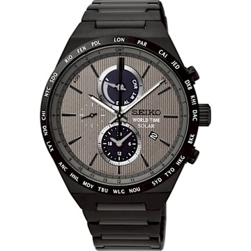 SEIKO 精工 SPIRIT 太陽能兩地時間計時腕錶 灰x鍍黑 (SSC527J1/V195-0AE0N)