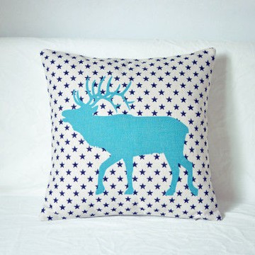 【協貿】簡約棉麻幾何綠麋鹿白底藍星印花方形抱枕含芯