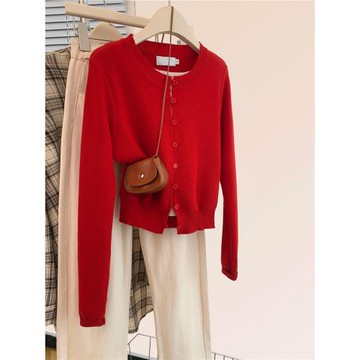 紅色拼接針織開衫女2026馬年秋冬新款元旦新年過年本命年喜慶上衣