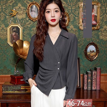 翻領斜襟雙釦壓褶不規則繫帶襯衫 M-2XL【404353X】【現+預】☆流行前線☆