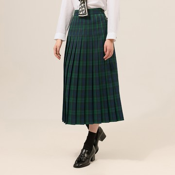 ILEY伊蕾 格紋皮帶裝飾百褶高腰長裙(綠；M-XL)