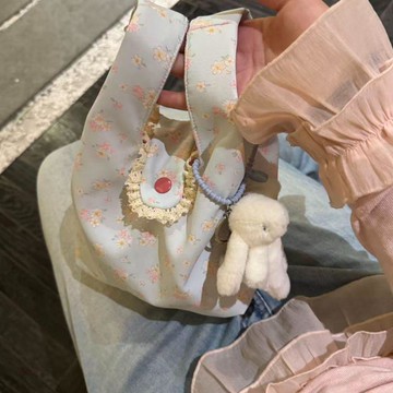 女生包包春夏新款薄荷藍碎花手提包上班雜物小拎包韓系蕾絲包包女手腕包高級感包包 上班小包 側背包 肩背包 通勤出國包包