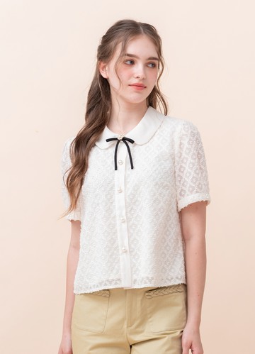 溫雅光采菱格紋剪花翻領上衣