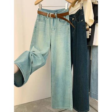 美式牛仔褲女冬季2025新款寬松淺色做舊復古梨形身材顯瘦高腰長褲