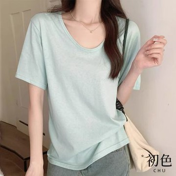 初色 U領短袖純色休閒T恤上衣女上衣-共5色-12509(M-XL可選/現貨+預購)