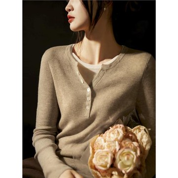 (免運)笑涵閣の拼接疊穿兩件顯瘦法式坑條貼膚羊毛針織衫 ZYB666374AG