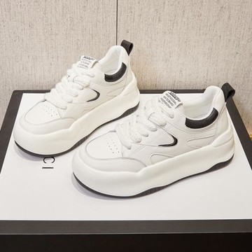 真皮厚底小白鞋女春季2025年新款圓頭韓版百搭輕便軟底休閑運動鞋