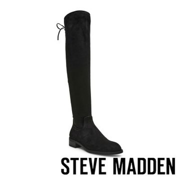 STEVE MADDEN-後綁帶絨布過膝長靴 XRAY-黑色
