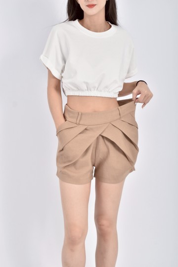 (M) 高腰質感摺痕棕色短褲