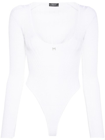 Mugler - logo-plaque ribbed-knit jumpsuit - women - Viscose/Elastane/Polyamide/Elastane/Cotton - S - White