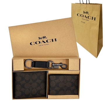 【COACH】C LOGO男款8卡短夾附鑰匙圈活動證件夾禮盒附紙袋(深咖)