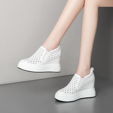 8CM厚底內增高松糕鞋夏季薄款透氣鏤空小白鞋真皮女士運動休閑鞋
