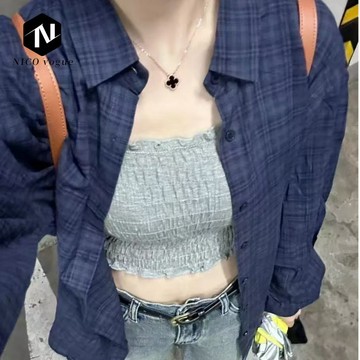 【Nico】台灣出貨原版質量複古藍色寬鬆襯衣格子襯衫春鞦新款慵懶長袖外套上衣薄款