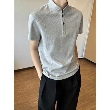 台灣出貨 灰色簡約立領polo衫上衣男款夏季拼接解構純色大碼短袖t恤潮籃球服運動衣運動上衣休閒上衣