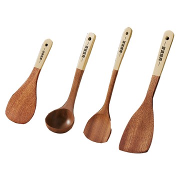 Kyhome 金柄烏檀木不粘鍋耐高溫木質廚具4件組  1套  鍋鏟 + 湯勺 + 飯勺 + 煎勺  米棕色