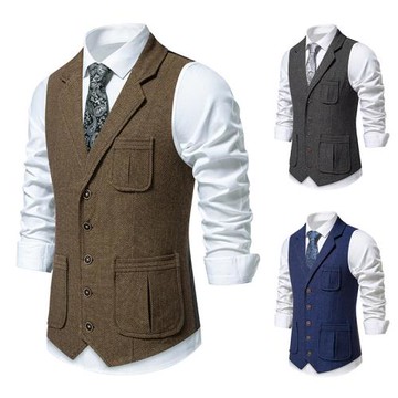 英倫復古休閑紳士咔嘰風馬甲秋季人字毛呢外套大碼男士西裝領馬夾