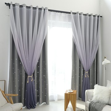 網紅鏤空星星清新韓式雙層公主風窗簾夢幻臥室成品全遮光落地定制