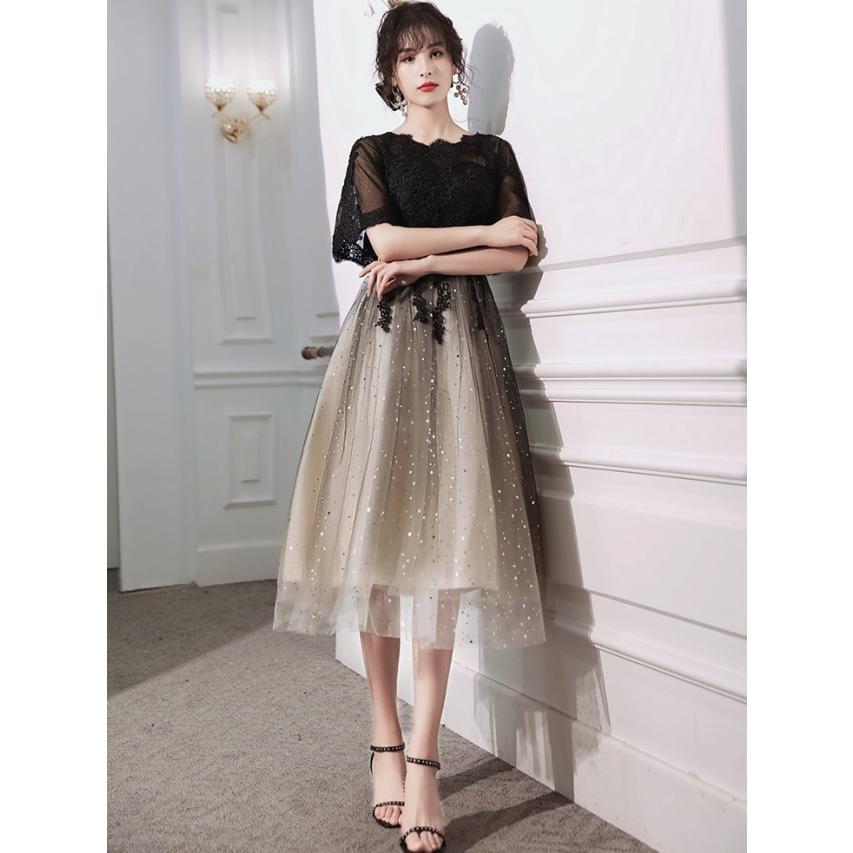 シースルー ドレス ティアード ロング ミモレ 長袖 レース パーティードレス ロング 結婚式 お呼ばれドレス ウエスト