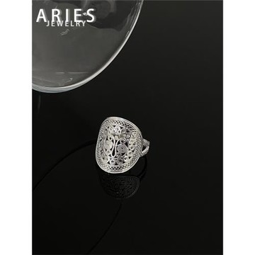 Aries 復古鏤空蝴蝶花蕾戒指純銀小眾設計輕奢民族風古法工藝活口