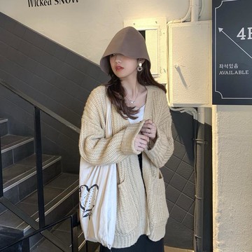 秋裝chic寬松長袖開衫外套上衣女百搭純色針織衫毛衣1入
