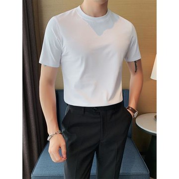 短袖T恤男純色圓領冰絲滑料半袖夏季修身冰感絲光棉白色打底衫潮
