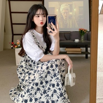 【砂糖夢境】連衣裙女夏假兩件2025新款裙子純欲風大碼胖mm顯瘦遮肚碎花中長裙