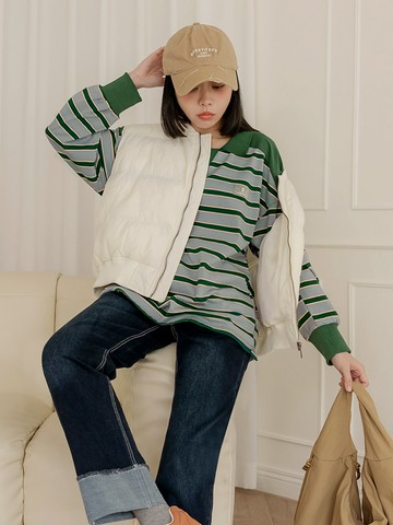棉質撞色翻領條紋長袖上衣