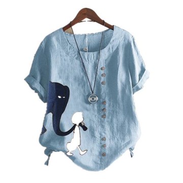 大碼女裝文藝范大象卡通印花棉麻紐扣寬松短袖襯衫上衣襯衣M-5XL