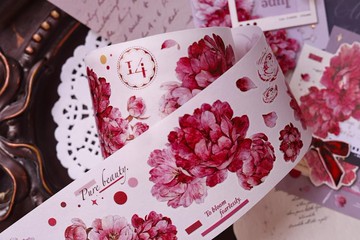 芍藥   輕復古粉色大花和紙 PET 貝殼光切模手帳膠帶