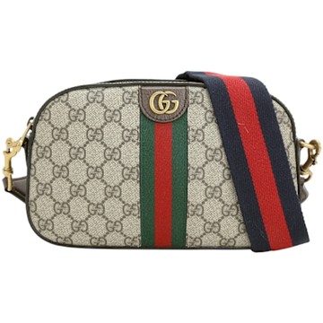 GUCCI 古馳 Ophidia GG Supreme 綠紅綠織帶手拿/斜背相機包(烏木色)