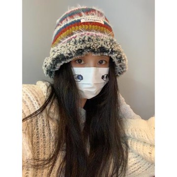 多巴胺彩色漁夫帽女秋冬2025年新款顯臉小毛絨保暖針織毛線帽子冬