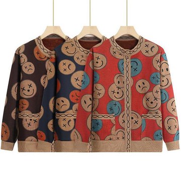 【米蘭精品】現貨+預購 高級針織衫上衣秋冬毛衣開衫寬鬆大碼休閒女裝媽媽裝-笑臉印花加絨女外套3色74mo74