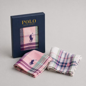 RALPH LAUREN POLO 柔美晨曦格紋小馬刺繡純棉方巾禮盒( 2色任選 甜美粉格款｜女生送禮推薦)