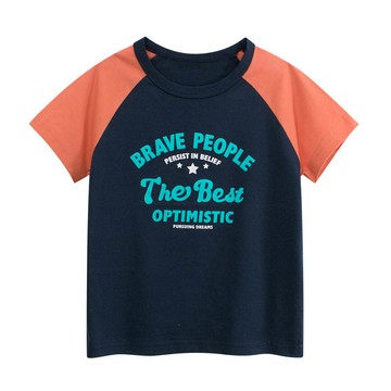 27KIDS - 純棉短袖上衣-文字標語-藏青/橘