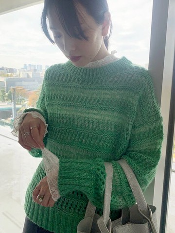 鏤空透膚橫條紋落肩針織圓領上衣(0F001314810) - Samansa Mos2 blue