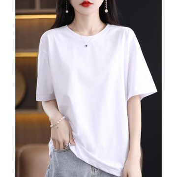 夏季新款絲光棉短袖女T恤100%新疆棉圓領純色中長款寬松上衣女潮