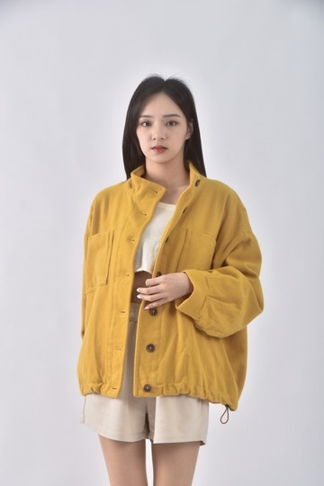 (L) e wear羊毛立領排扣抽繩黃色外套