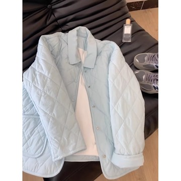 藍色菱格棉衣棉服女2024年新款秋冬韓系加棉外套超好看洋氣小棉襖